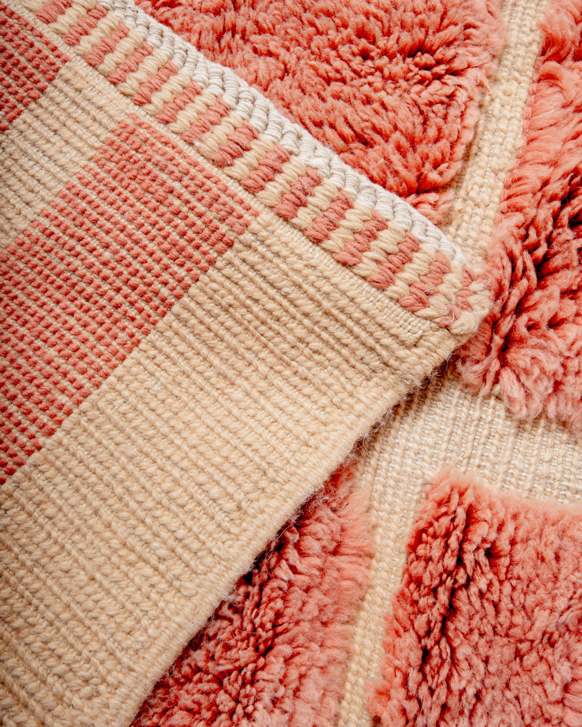 Modern, designer, handcrafted 100% sheep’s wool Berber rug from Morocco. Beni M’rirt carpet with beautiful colours and patterns and fluffy wool texture.